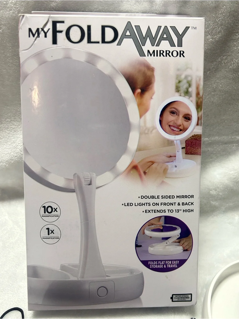 White My Foldaway Mirror vanity LED lights double sided magnification mirror